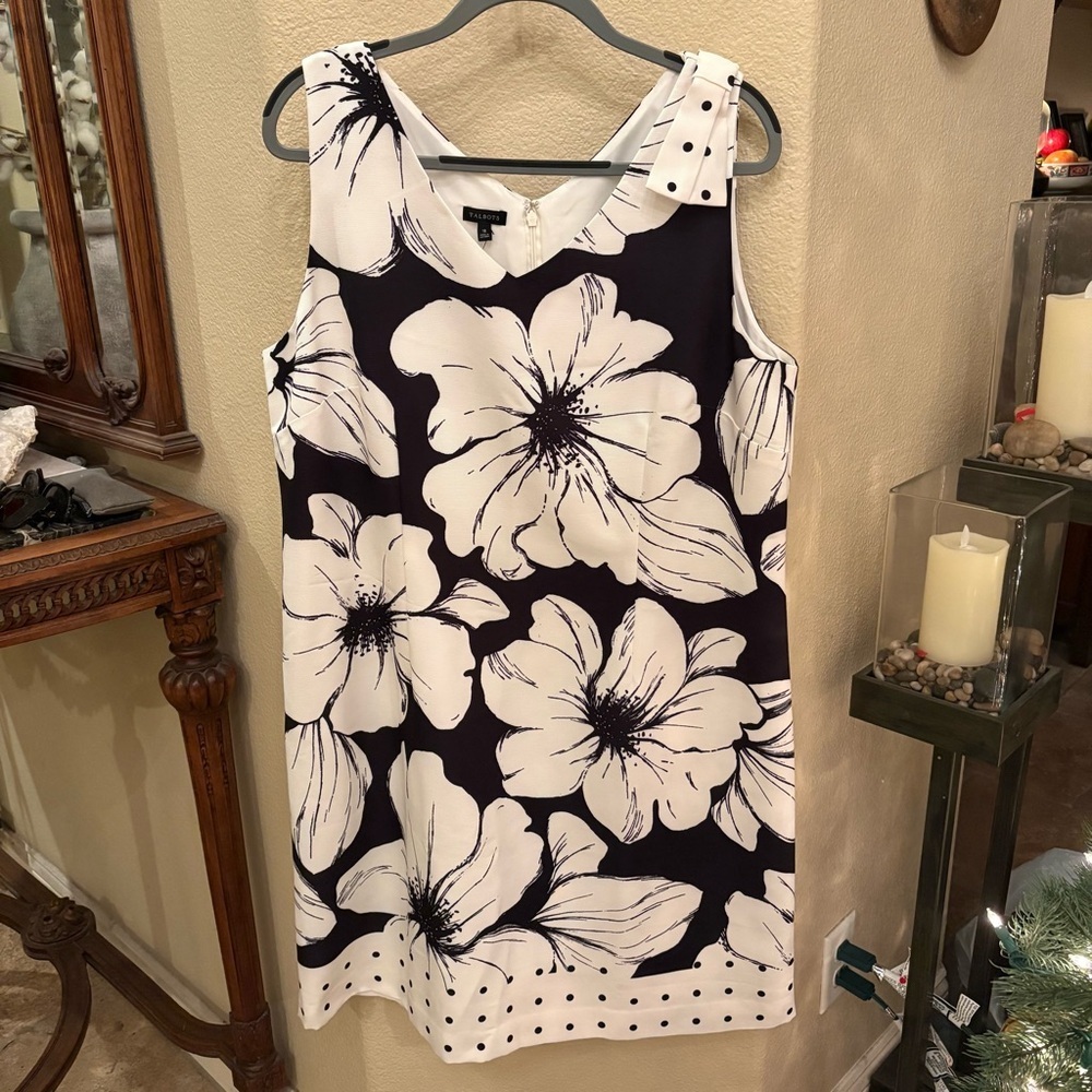 NWT~TALBOTS Women Black White Floral Print Bow Sleeveless Sheath Dress Size 18